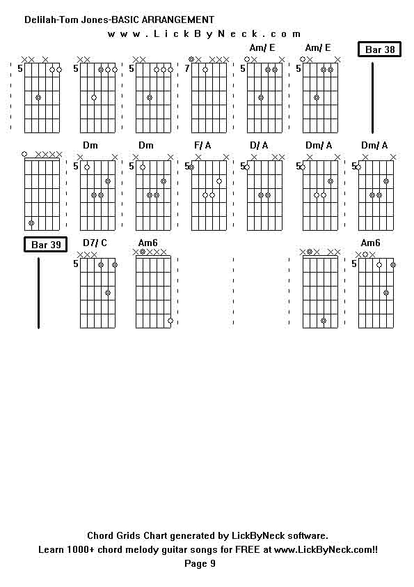 Chord Grids Chart of chord melody fingerstyle guitar song-Delilah-Tom Jones-BASIC ARRANGEMENT,generated by LickByNeck software.